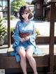 A woman in a blue kimono sitting on a wooden bench.