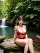 A woman in a red bikini sitting on a rock by a waterfall.