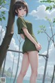 A woman in a green shirt and shorts leaning against a tree.